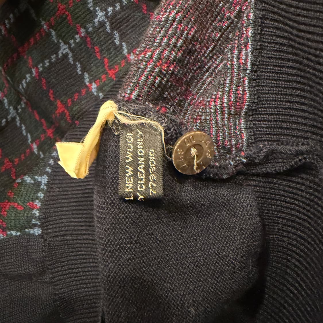 DAKS 닥스 빈티지 브이넥 체크 패턴 울 가디건 L 네이비 상품이미지5