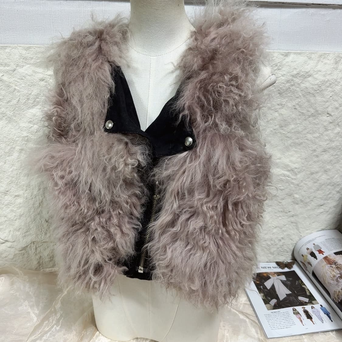 빈티지 로즈 핑크 토스카나 양털 지퍼 조끼 베스트 상품이미지2