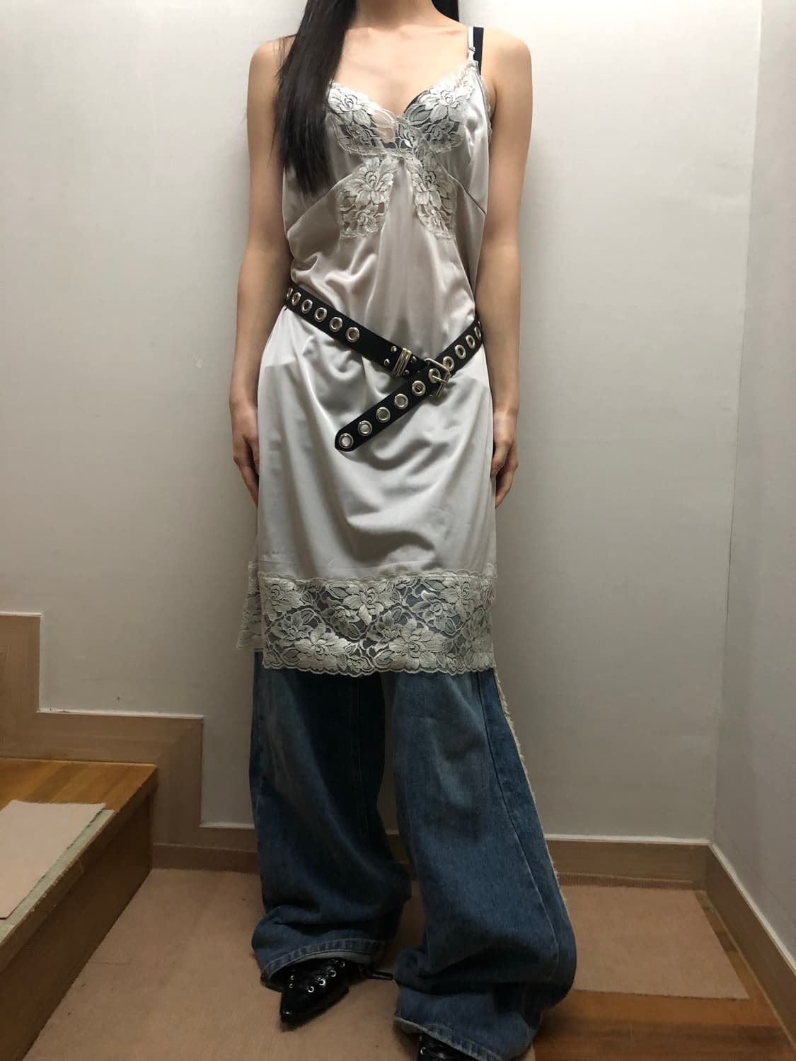 빈티지 라이트그레이 레이스 슬립 원피스 상품이미지3