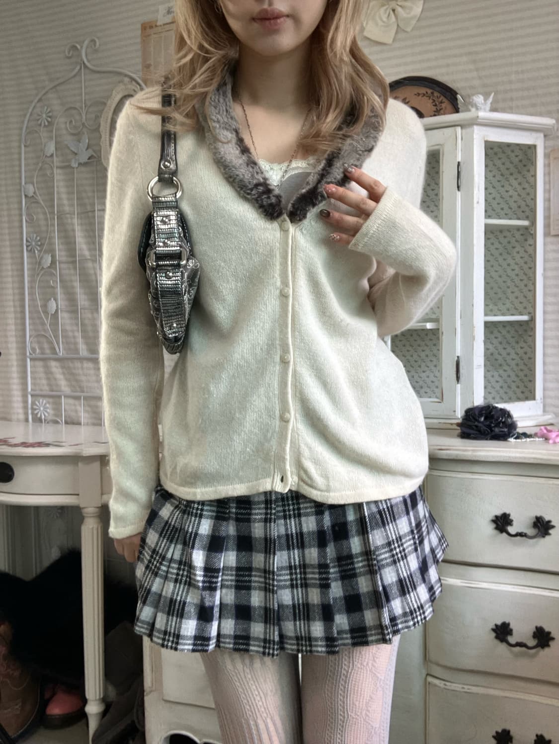 jpn vintage ivory fur collar cardigan 상품이미지2