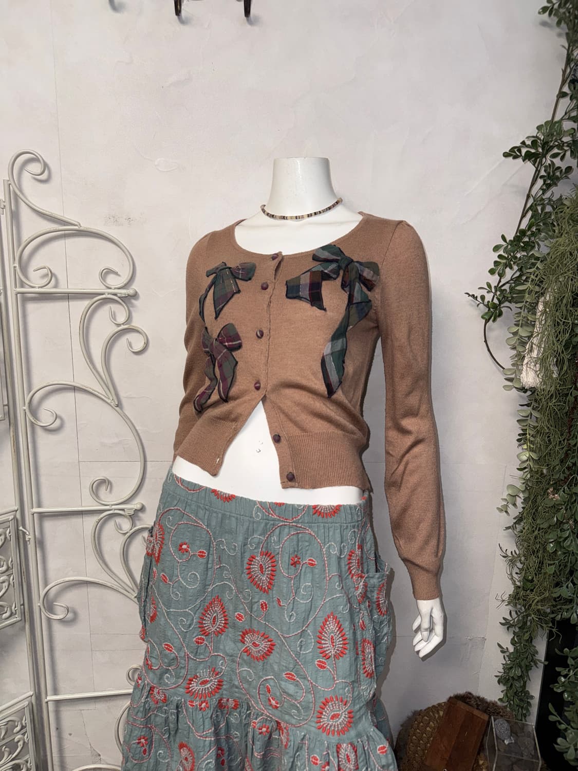 Indi pink check ribbon button knit 상품이미지2