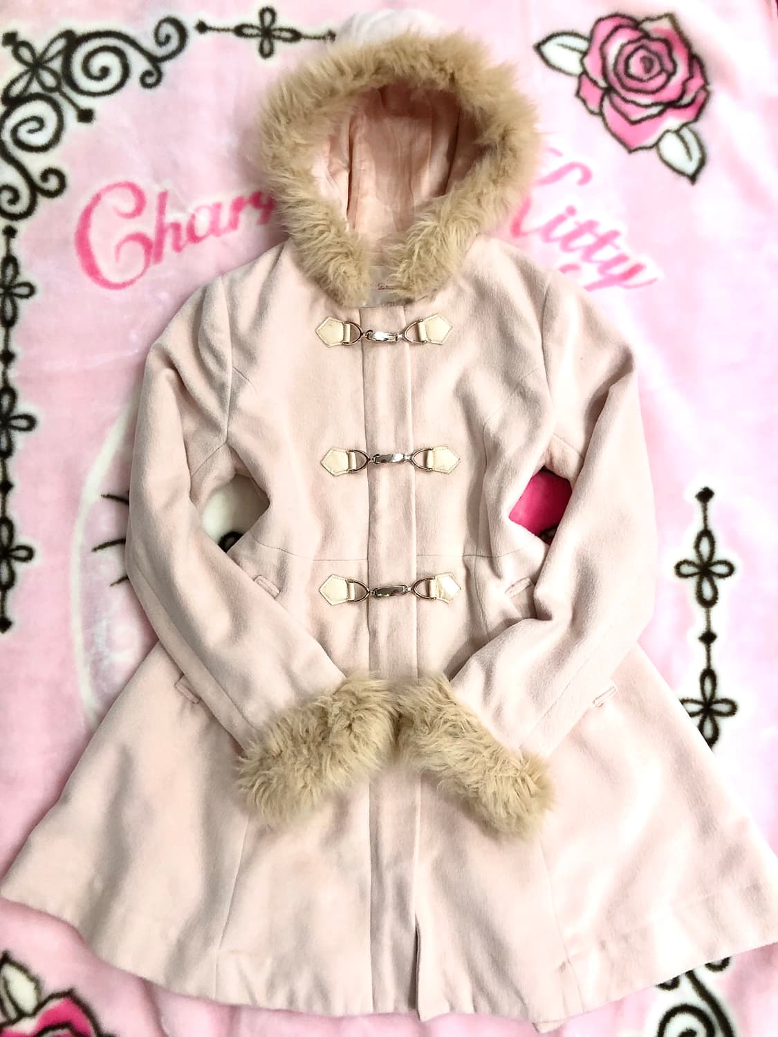 히메갸루 퍼 연핑크 더플 코트 딸기우유 갸루 오네 라떼 로걀 달천 빈티지 상품이미지1