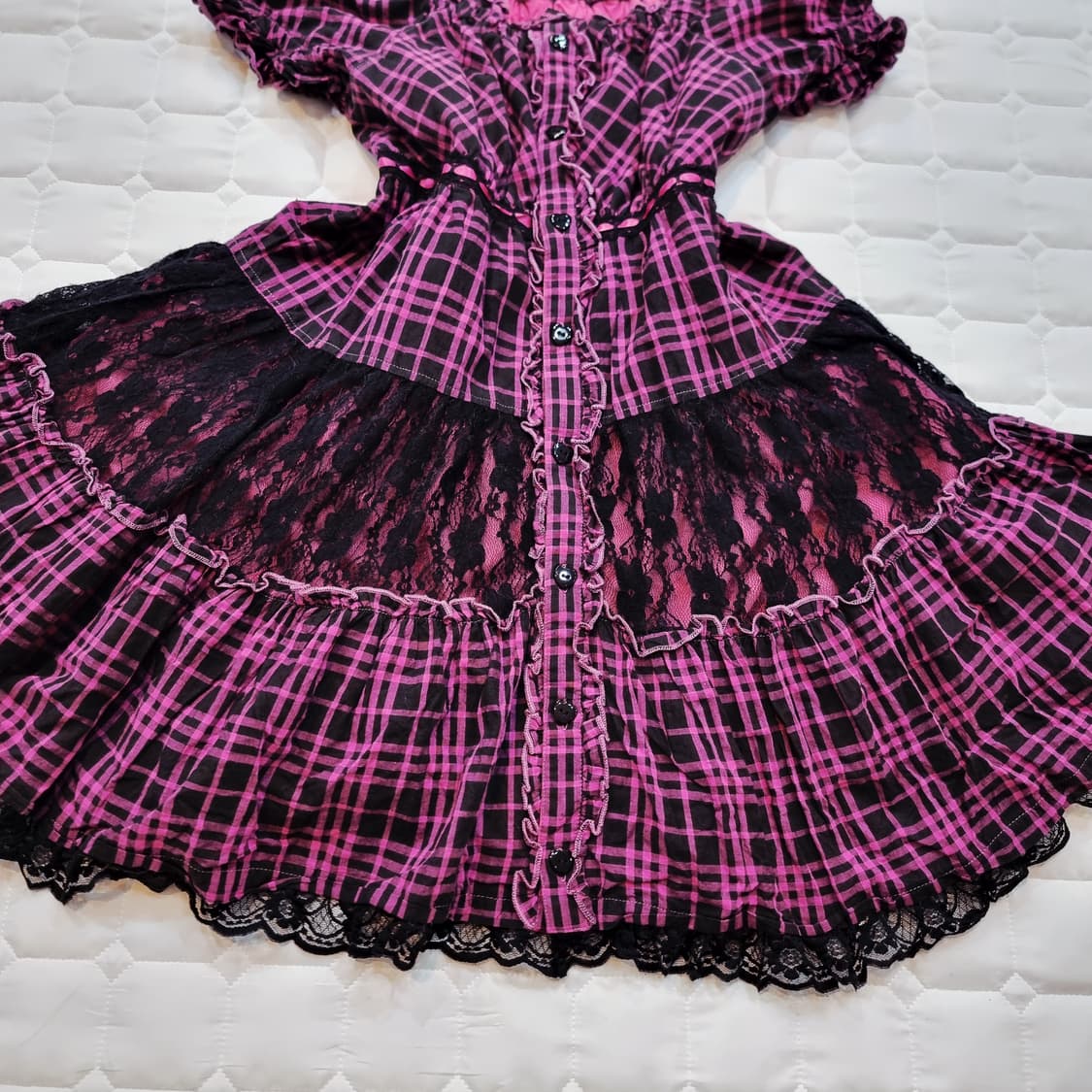 핑크 체크 블랙 레이스 고스로리 원피스 상품이미지2