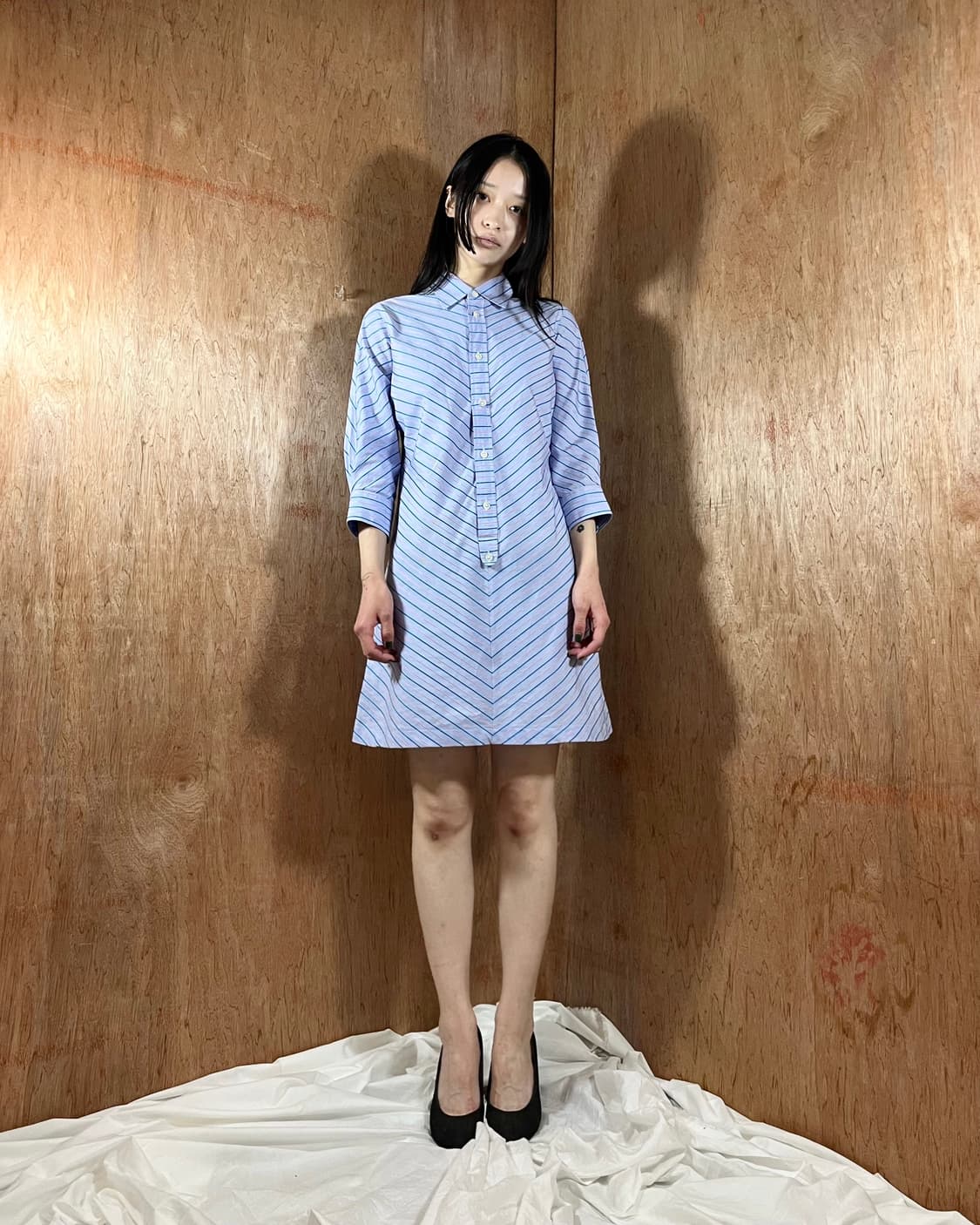 준야와타나베 꼼데가르송 블루 스트라이프 쉐브론 셔츠드레스 상품이미지1