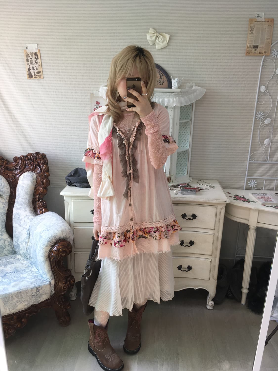 Set) 빈티지 핑크 플라워 레이스 원피스+블라우스+머플러 상품이미지1