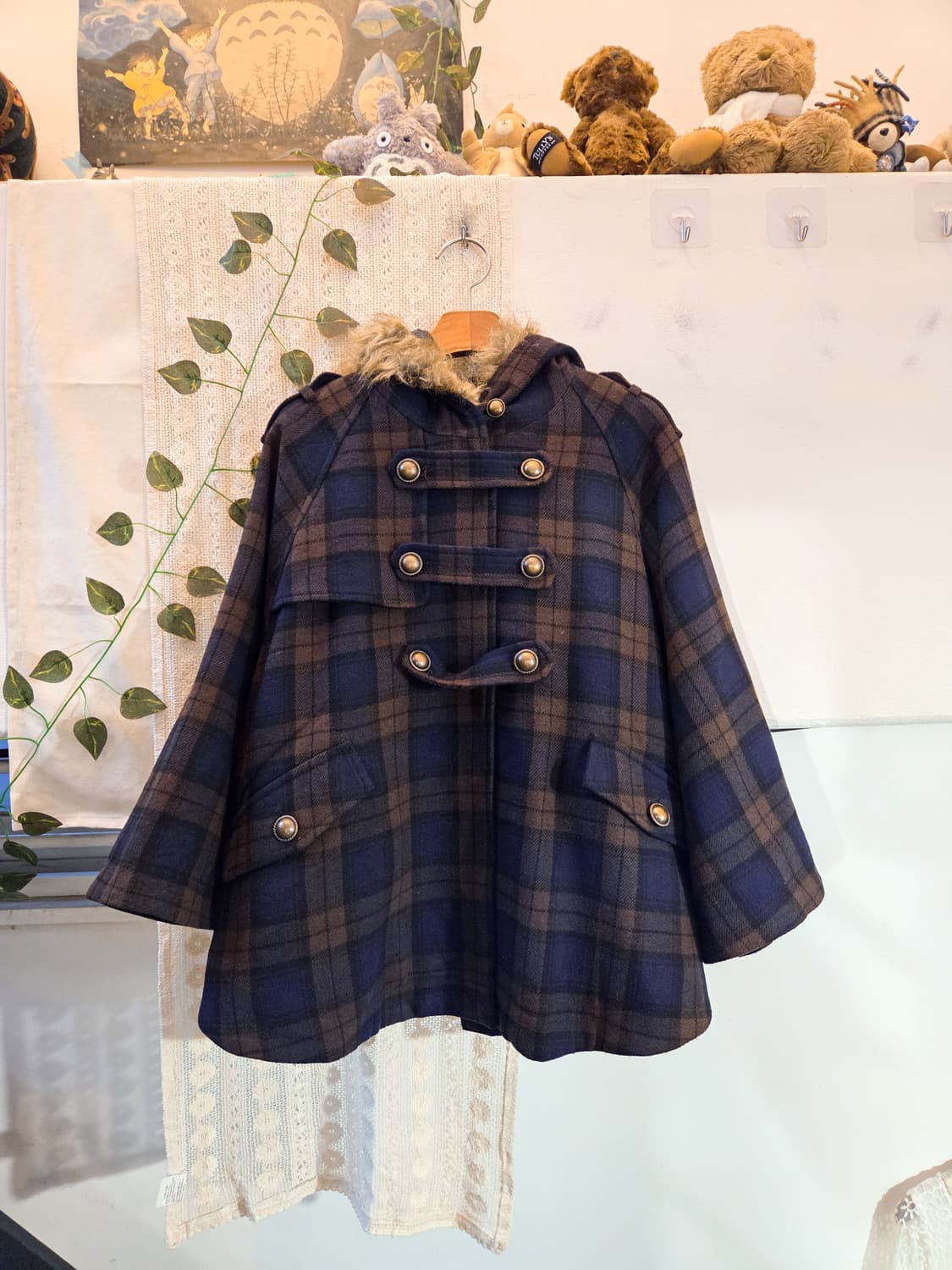 초코 네이비 체크 케이프 코트 상품이미지1