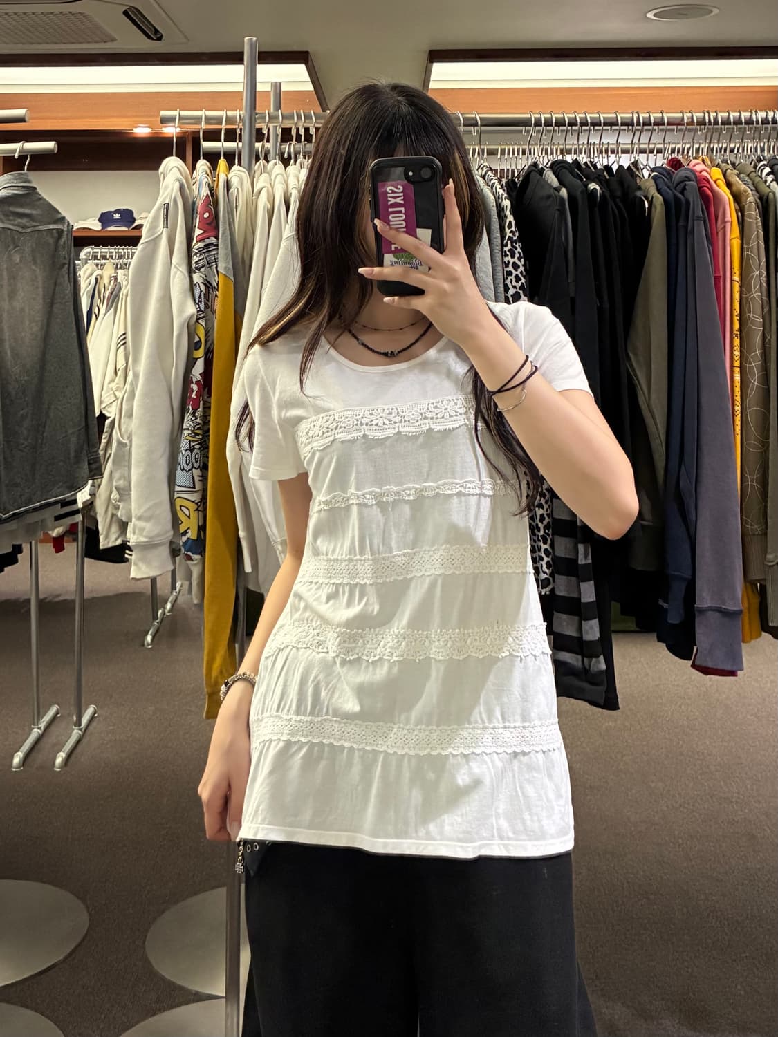 M)Japanese vintage 여성 꽃 레이스 디테일 반팔 티셔츠 상품이미지1