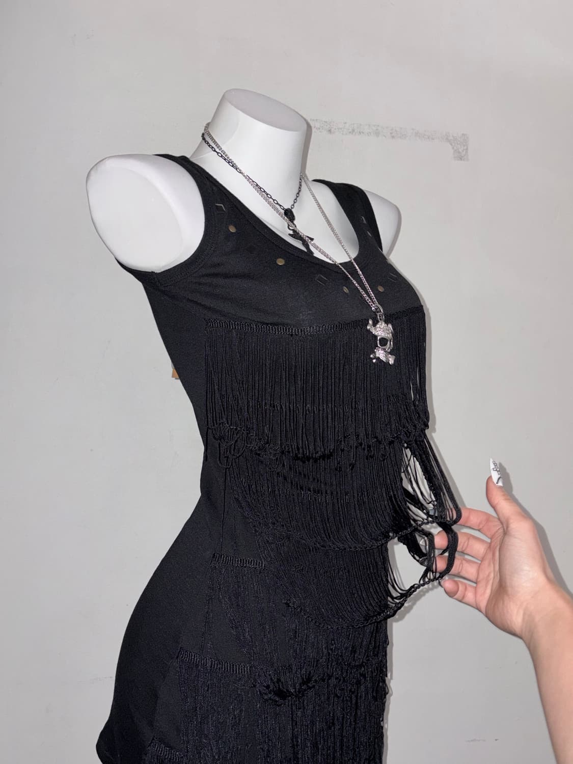 테슬 딱붙 나시원피스 그런지 고스 인더스트리얼 오피움 락 블랙 상품이미지2