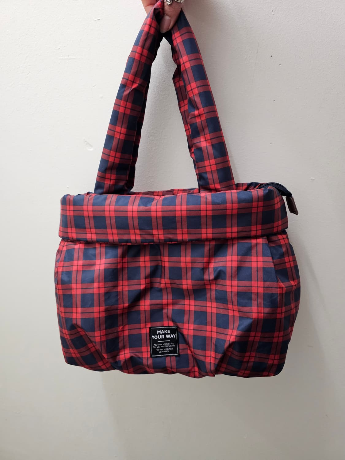 Japan 레드 네이비 체크 패딩 토트백 상품이미지1