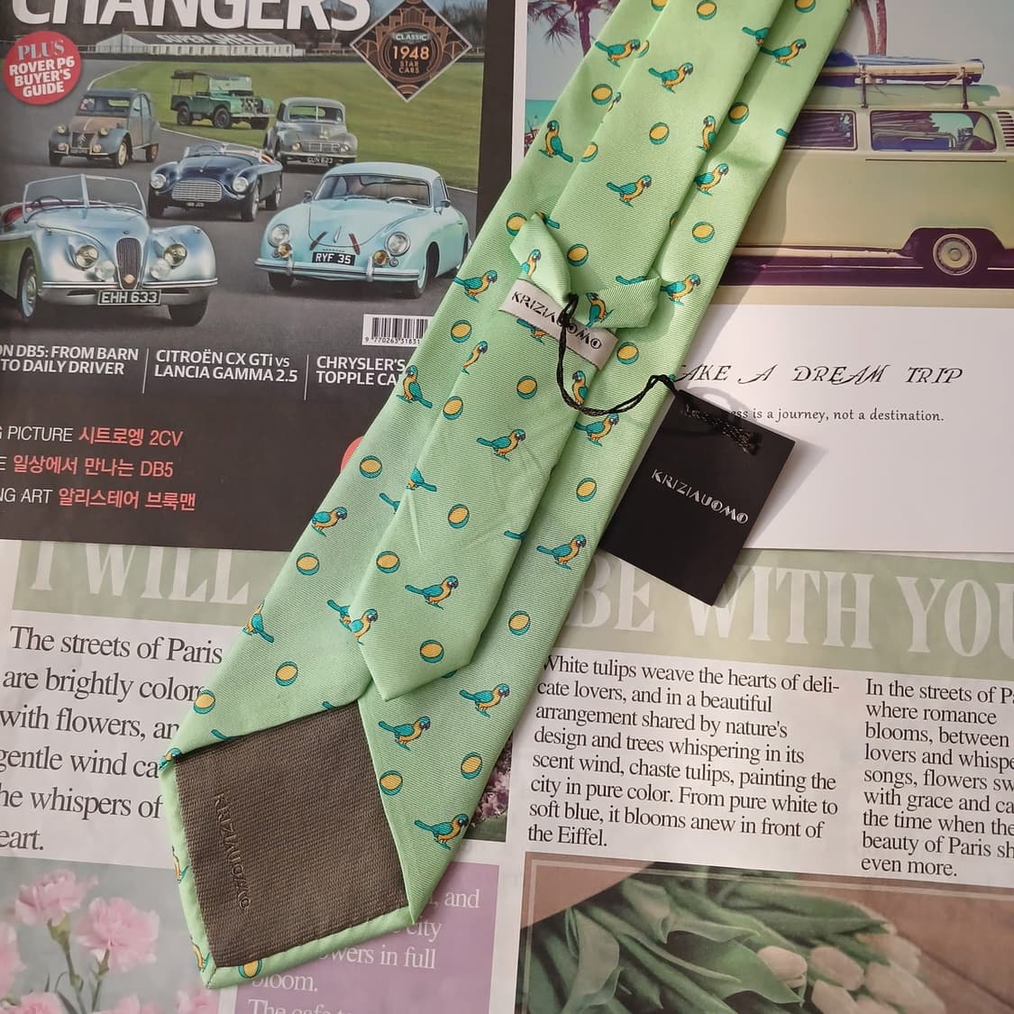 크리지아 실크 민트 앵무새 모티브 넥타이 9.3cm 새상품 A18906
 상품이미지3