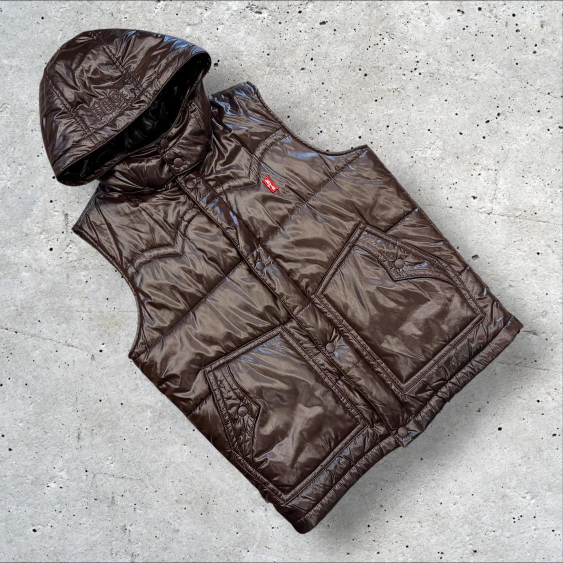 [165] 리바이스 우먼 유광 브라운 후드 패딩 조끼 B632 상품이미지1