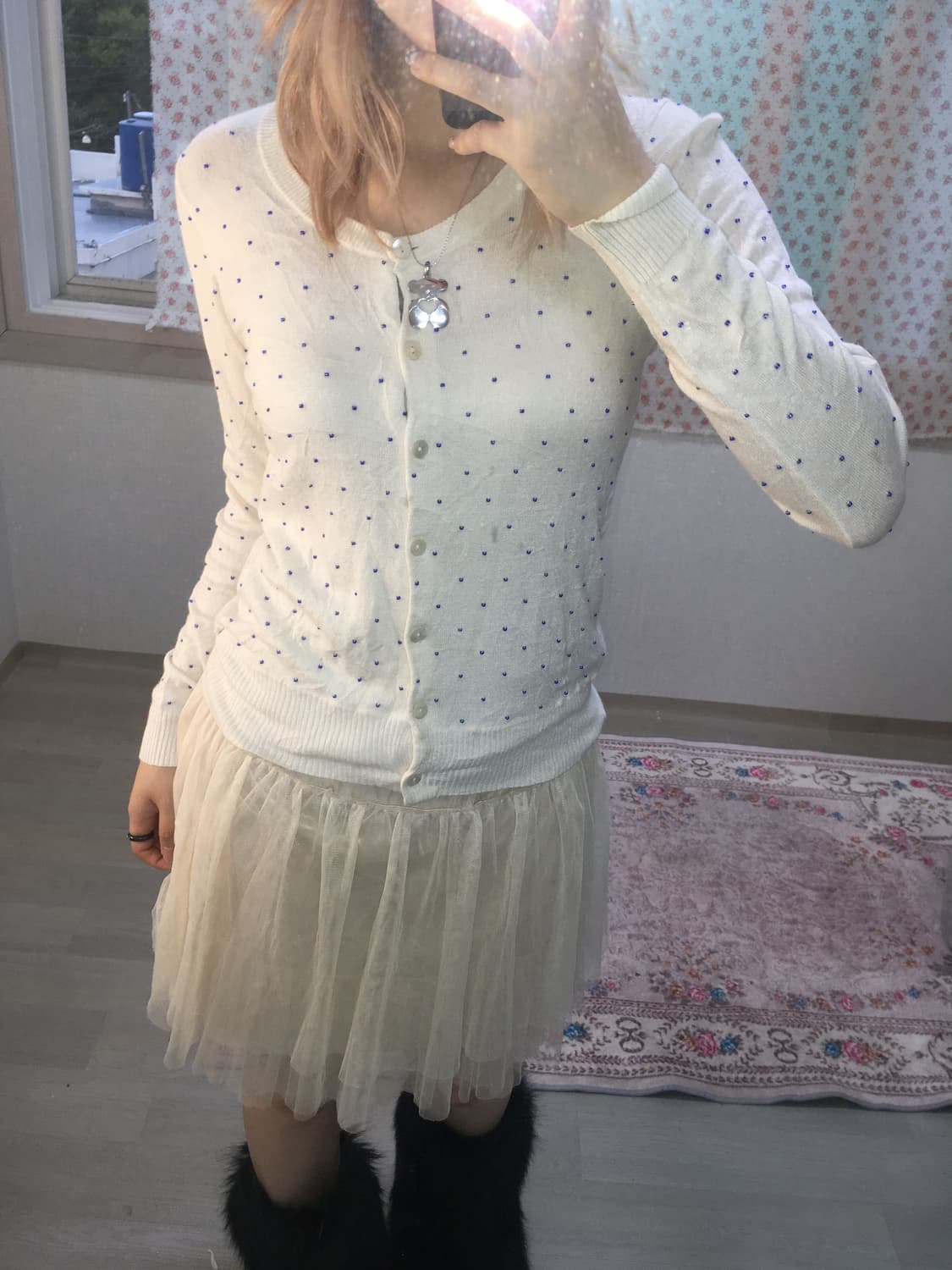jpn vintage ivory blue beads cardigan 상품이미지4
