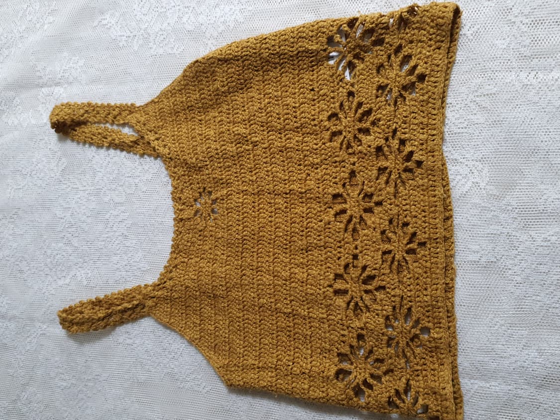 [일본빈티지] 머스타드 꽃무늬 크로셰 뜨개 탑 상품이미지2