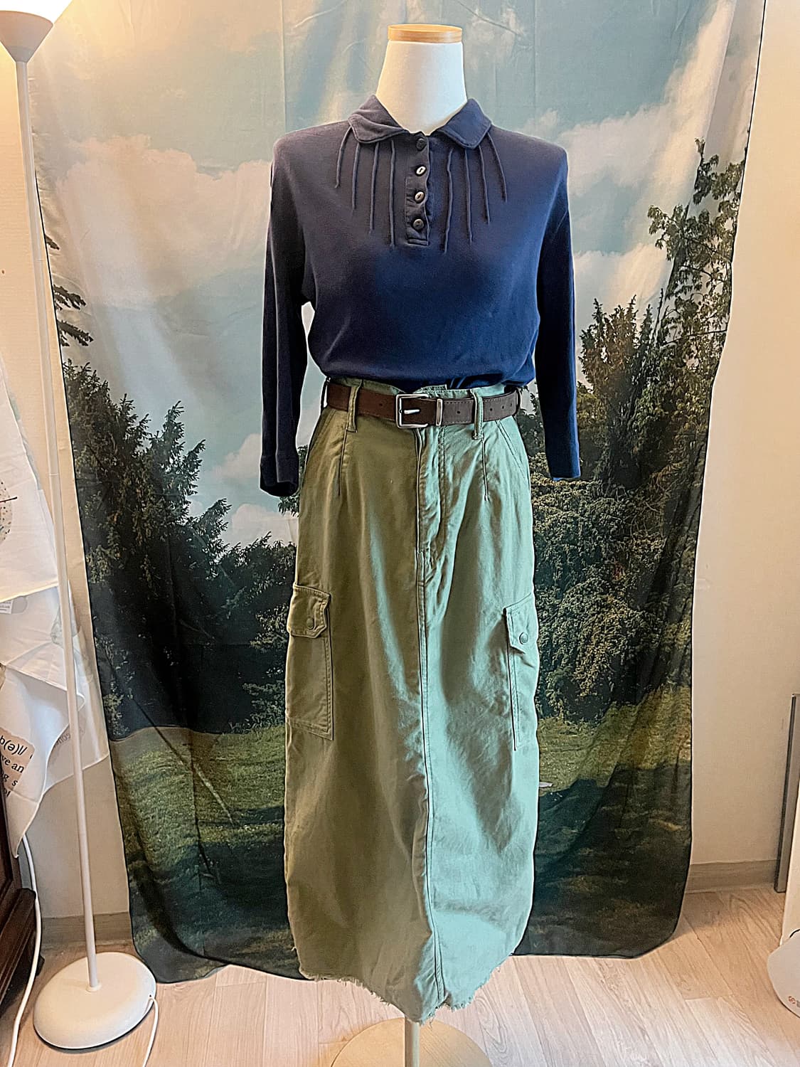Pintuck collar tee, khaki cargo pocket l 상품이미지1