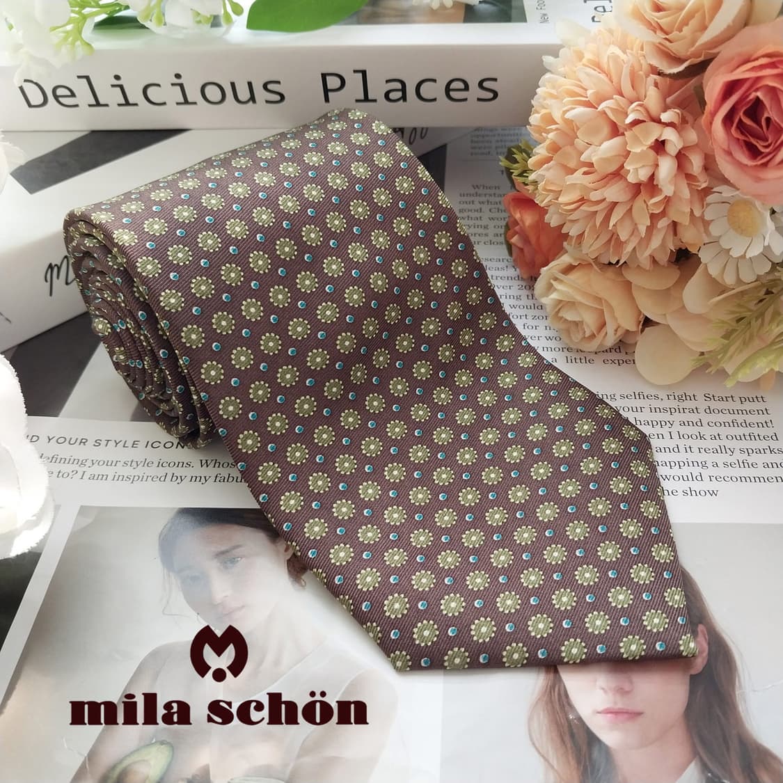 밀라숀 실크 브라운 플라워 패턴 넥타이 9.5cm A+등급 K2326 상품이미지2