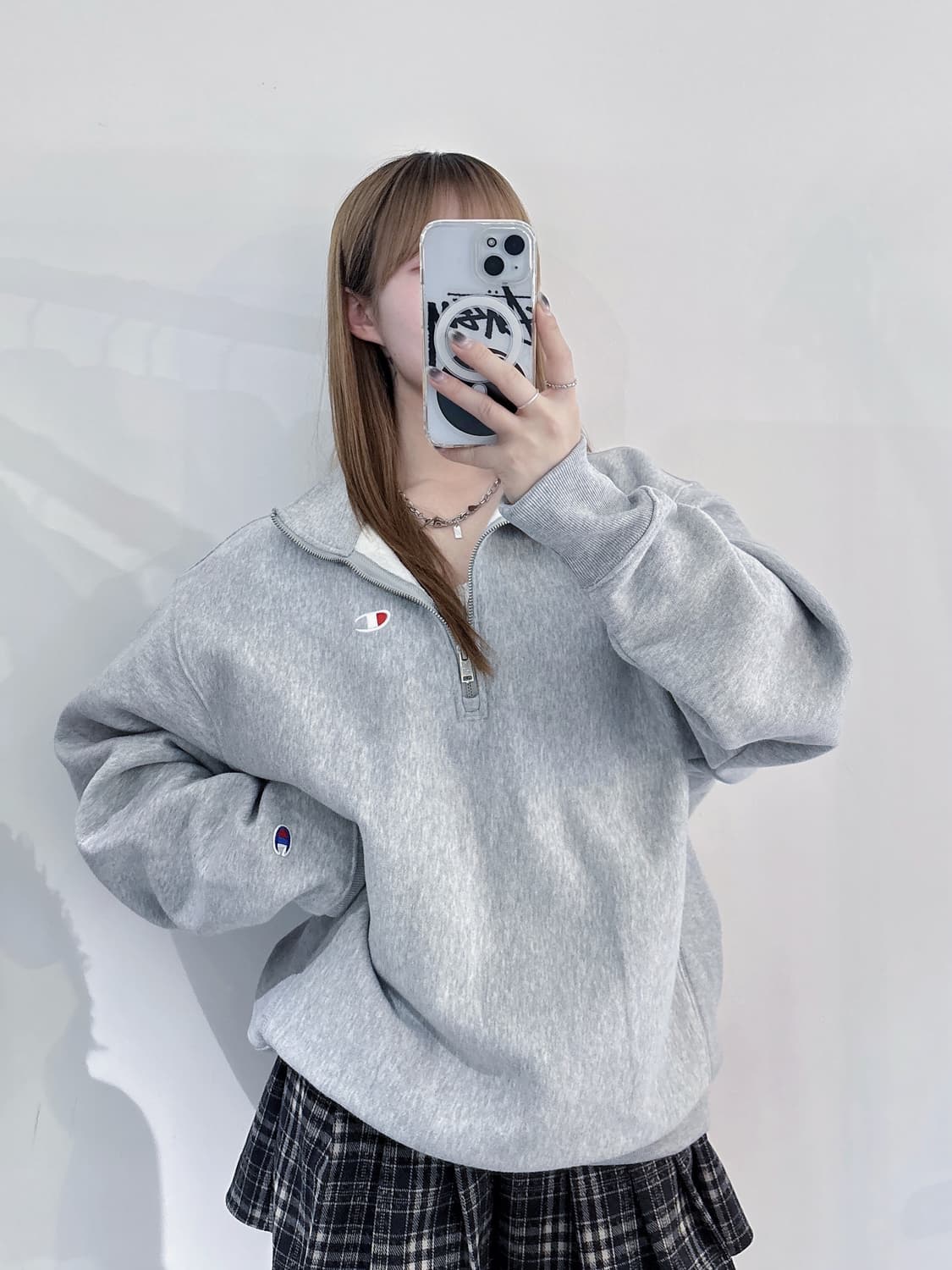 챔피언 리버스위브 그레이 코튼 반집업 상품이미지1