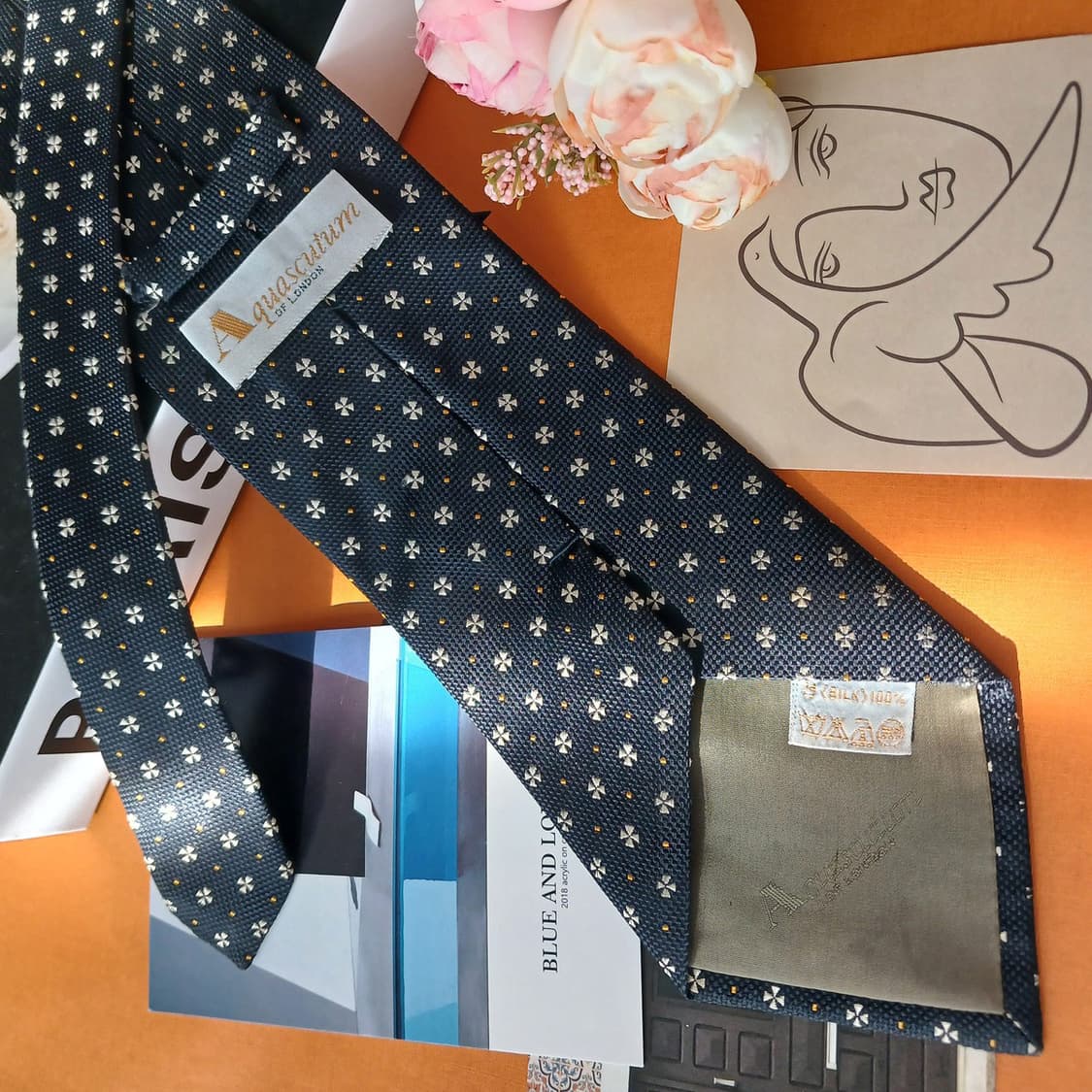 아쿠아스큐텀 실크 네이비 패턴 넥타이 9.6cm A~B등급 E720
 상품이미지3