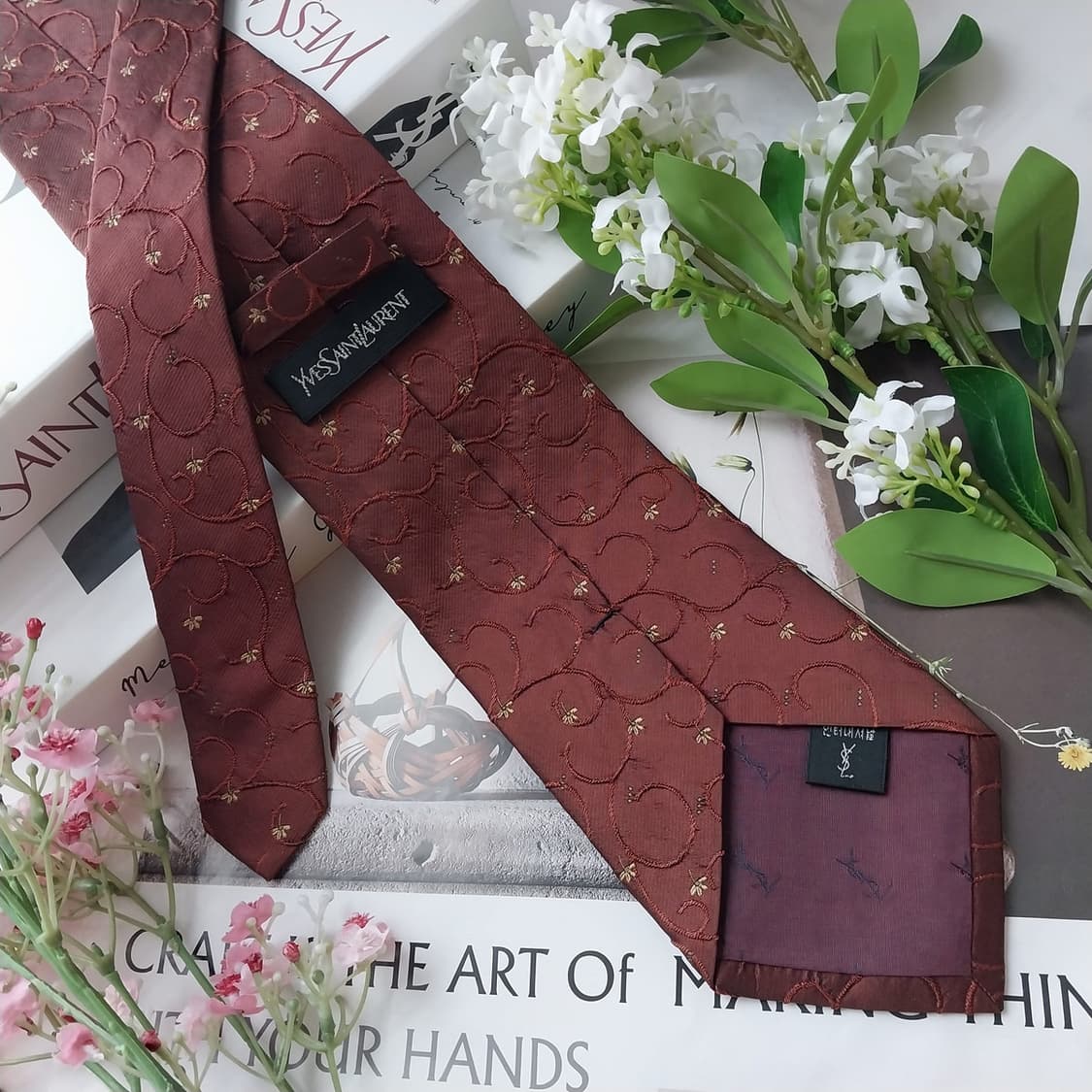 입생로랑 실크 브라운 자수 패턴 넥타이 9.7cm A+등급 K1779
 상품이미지5