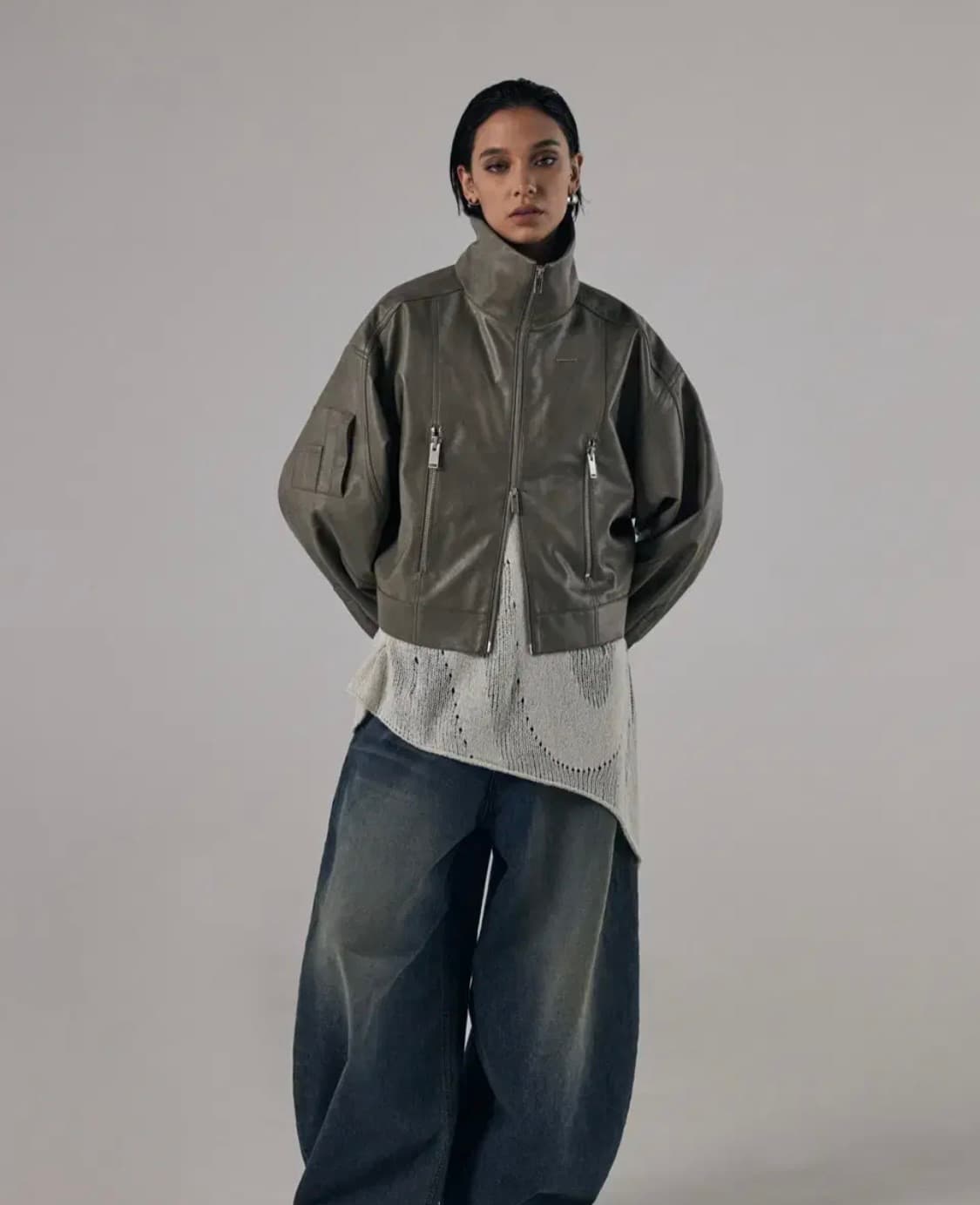 트리밍버드 하이넥 레더 자켓 상품이미지3