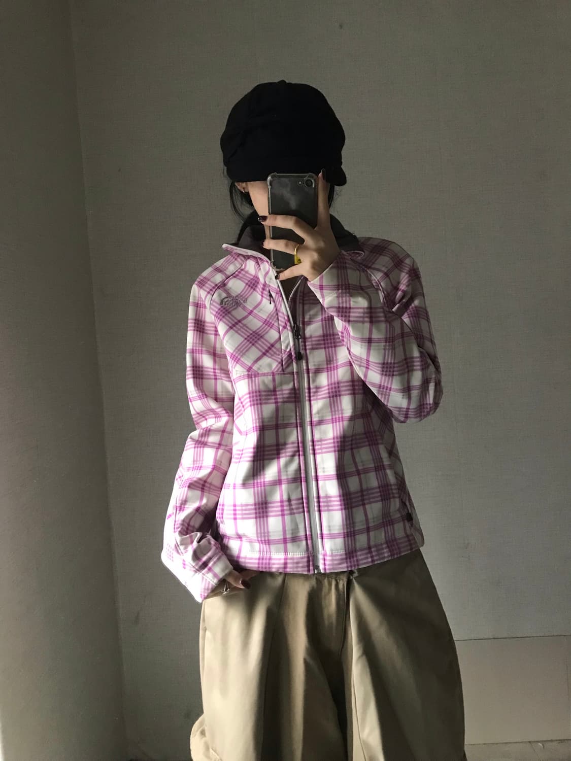 노페 플럼핑크 체크 후리스 자켓 상품이미지5