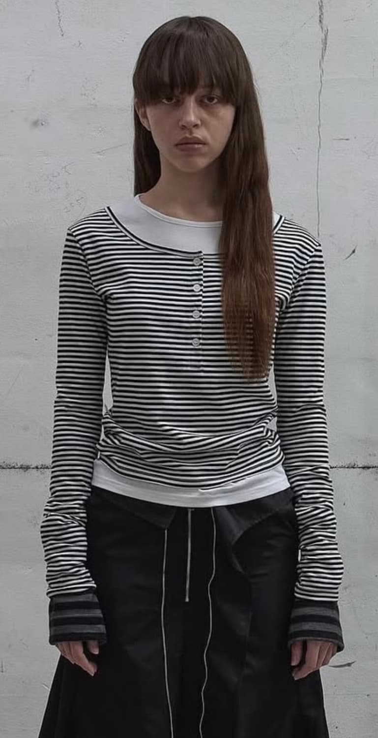 LCDC 레이어드 스트라이프 헨리넥 긴팔 티셔츠 (S) 상품이미지1