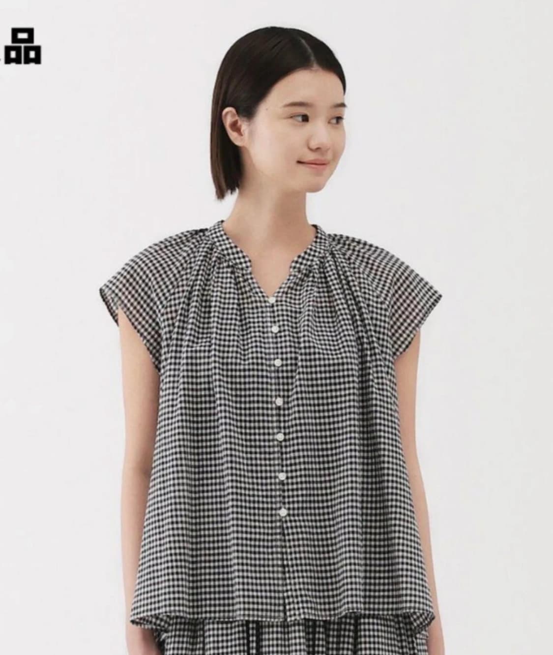 무인양품 무지 강연보일 프렌치슬리브 블라우스 깅엄 체크 상품이미지1