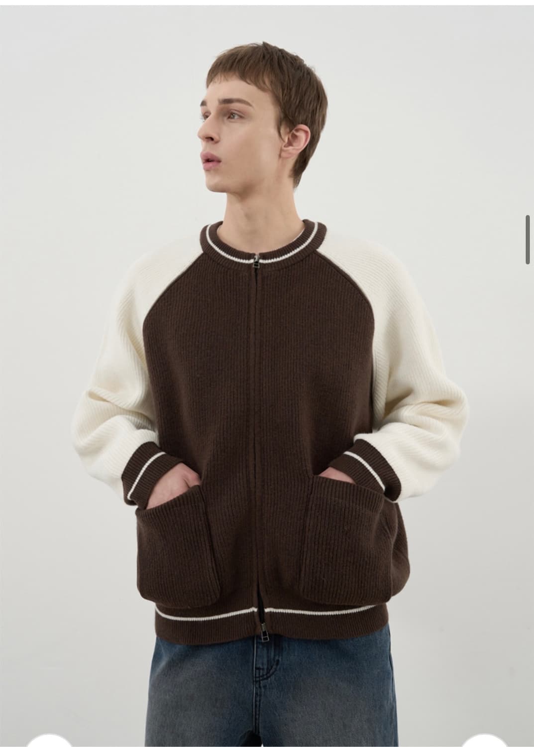 (새상품)(XL) 드로우핏 바시티 벌룬 투웨이 집업 니트 [BROWN] 상품이미지4