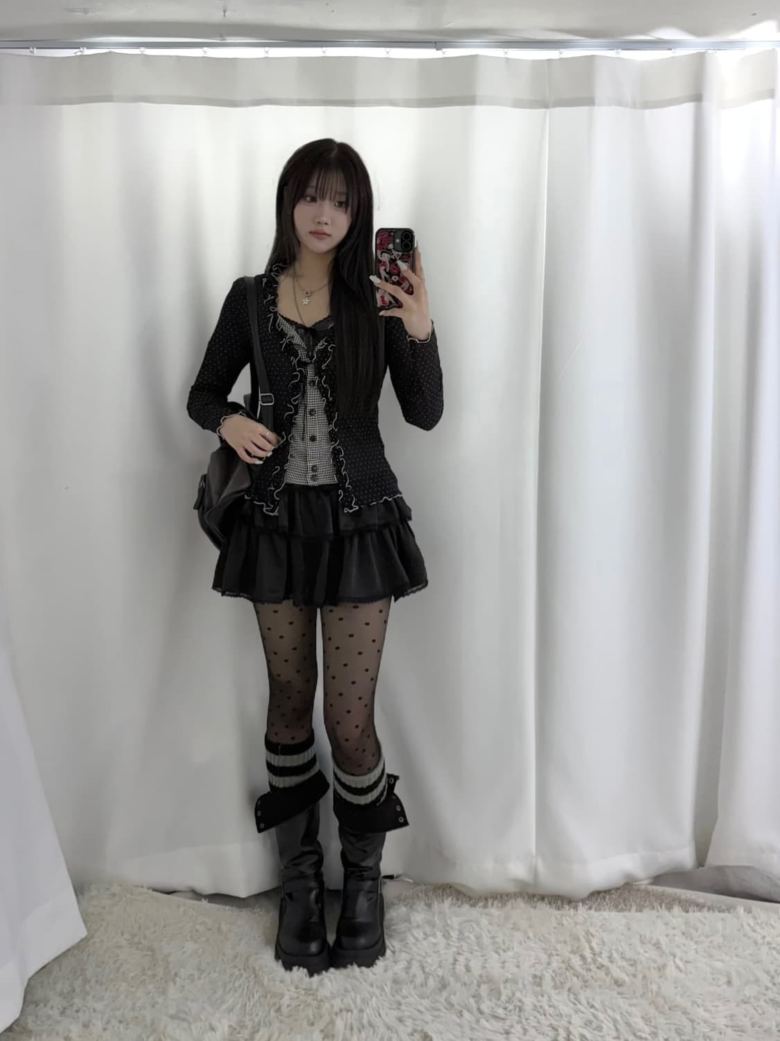 무채색 체크 프릴 니혼진 도쿄걸 오픈숄더 코디세트  상품이미지2