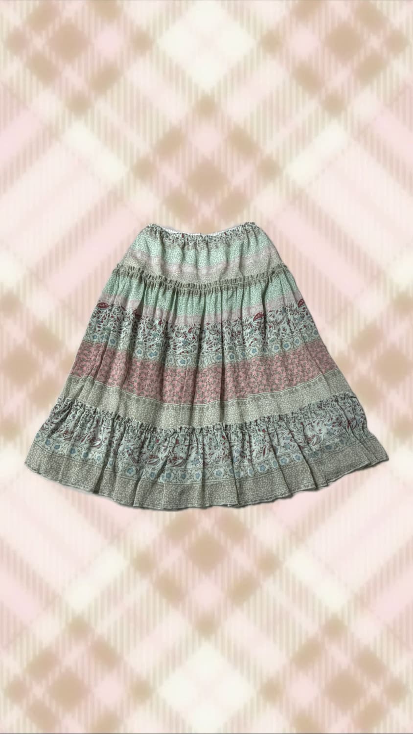 민트 핑크 플로럴 체크 미디 스커트 치마 모리 오리엔탈 빈티지  상품이미지1