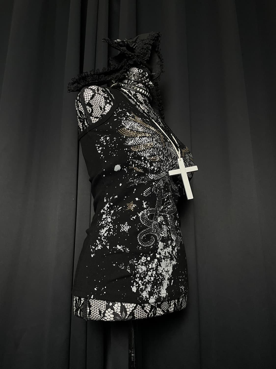 JPN 펑크 해골 날개 큐빅 블랙 나시 슬리브리스 상품이미지3