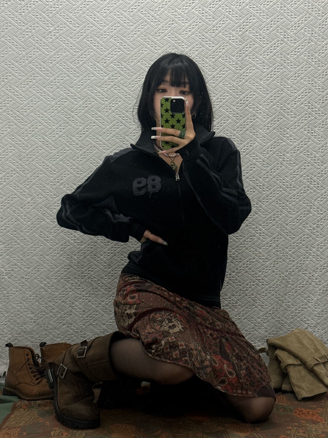 세컨모놀로그 빈티지 스트릿 와플 올블랙 트랙 집업 K0212 상품이미지1