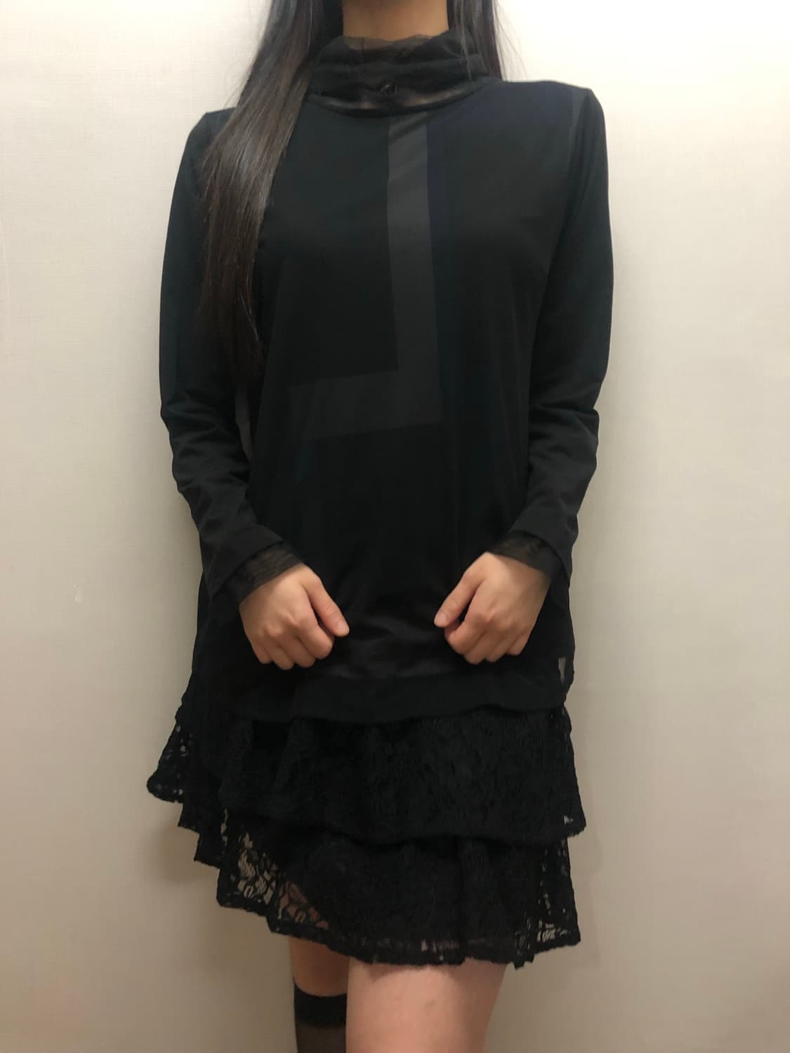 빈티지 블랙 레이스 하이넥 탑 상품이미지1
