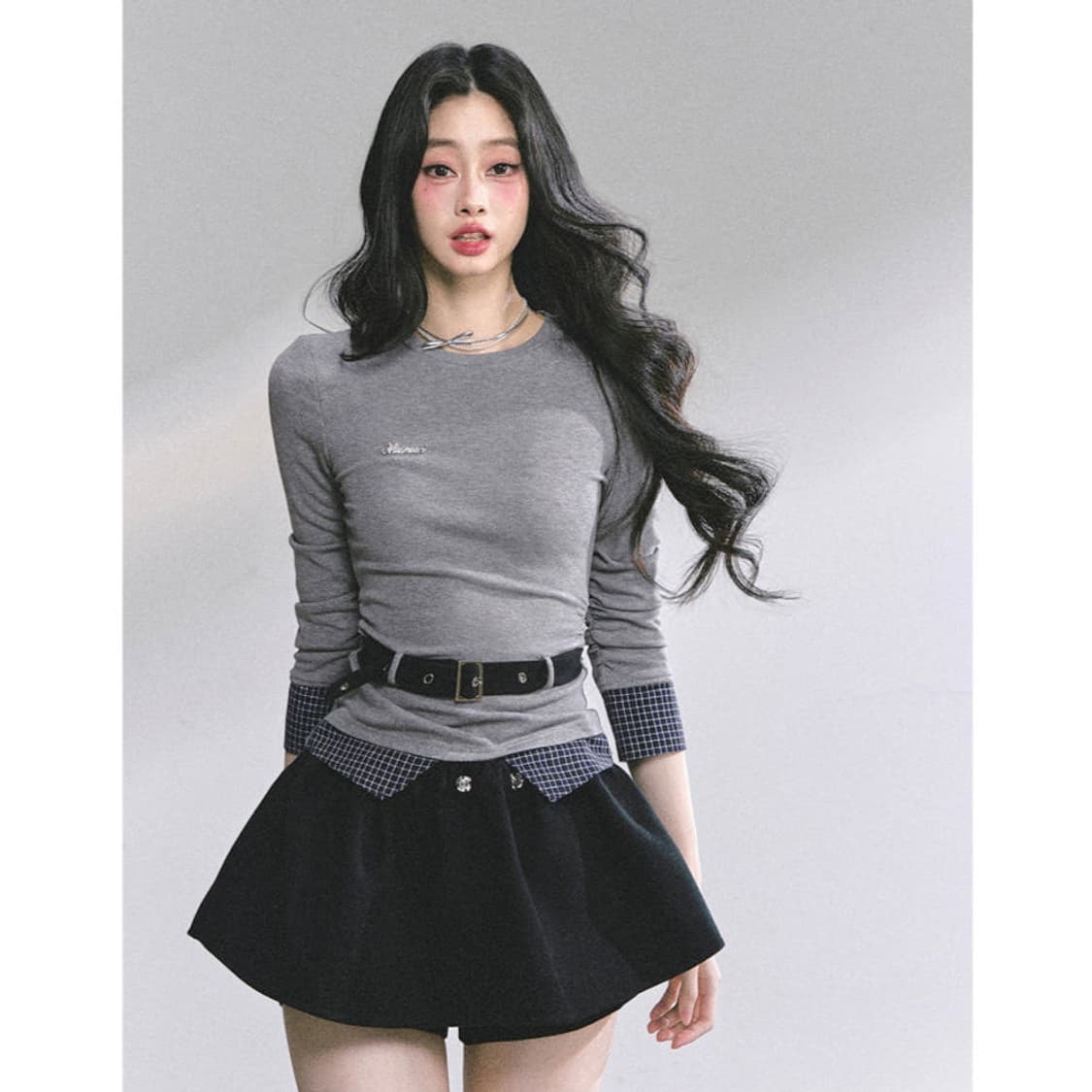 ShaoyeEye 플레드 티셔츠 슬림핏 벨트티 상품이미지1