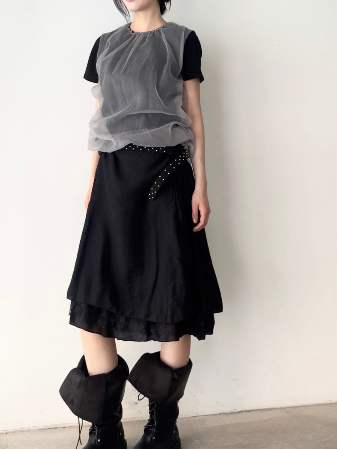 shirring lace mix skirt / black 상품이미지6