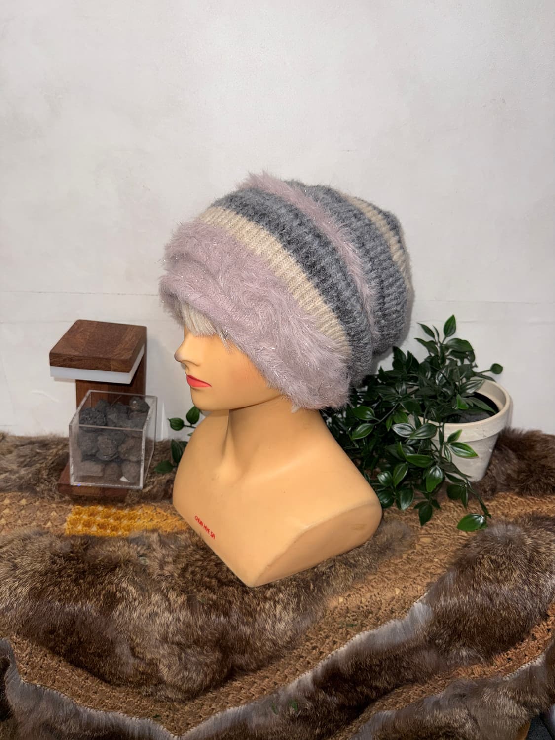 Pink gray glitter stripe loose beanie  상품이미지1