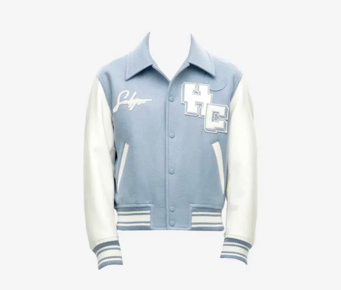 [50] 솔리드옴므 레더 가죽 울 바시티 봄버 블루종 자켓 스카이블루 상품이미지2