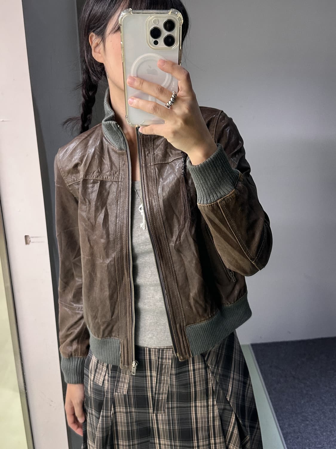 brown leather zip jacket 상품이미지3