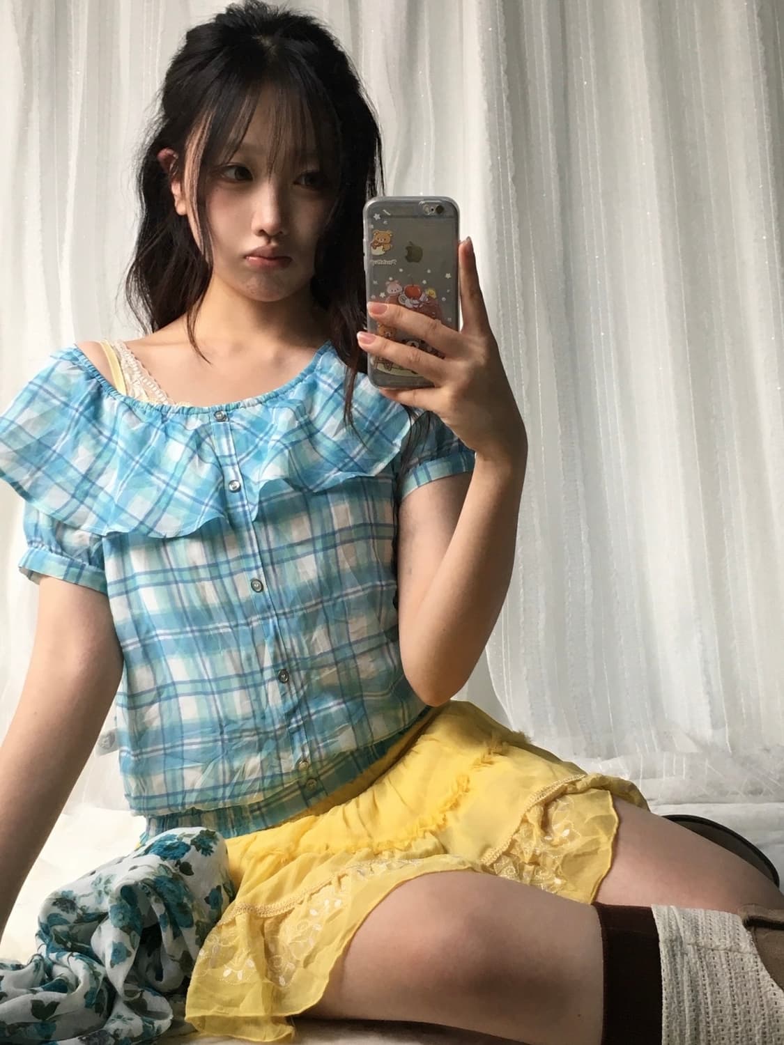 빈티지 블루 옐로우 플라워 체크 코디세트 상품이미지3