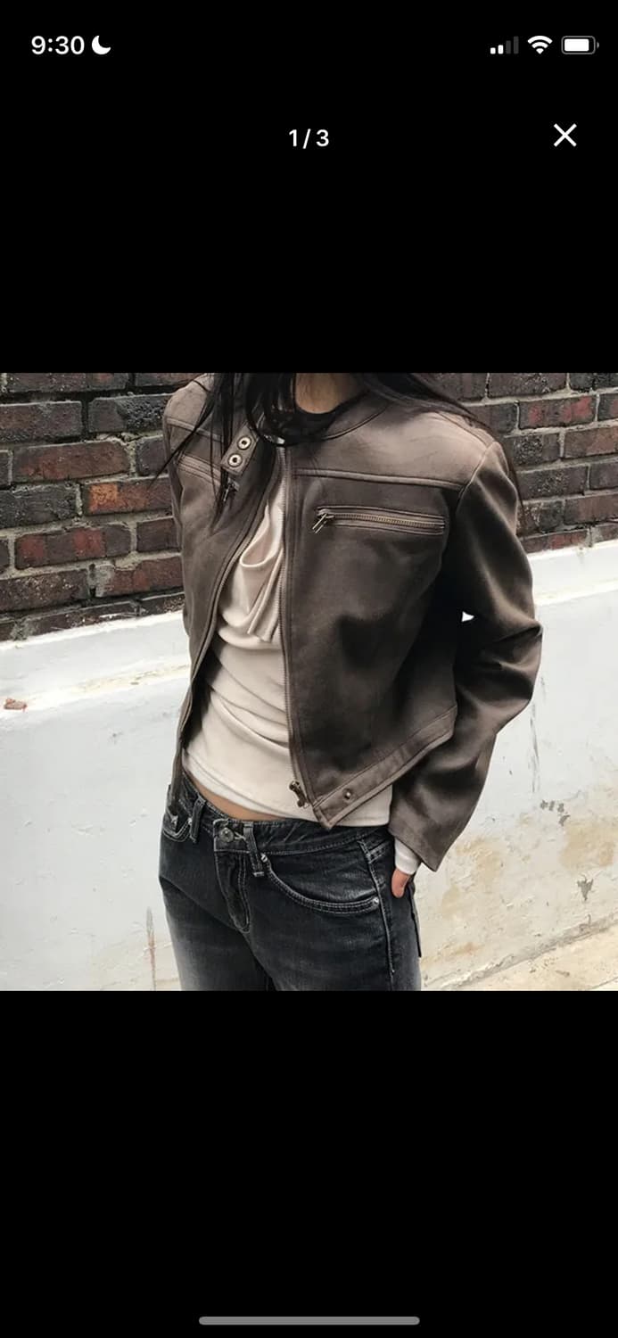 크롭 레더 라이더 자켓 브라운 노카라 상품이미지1