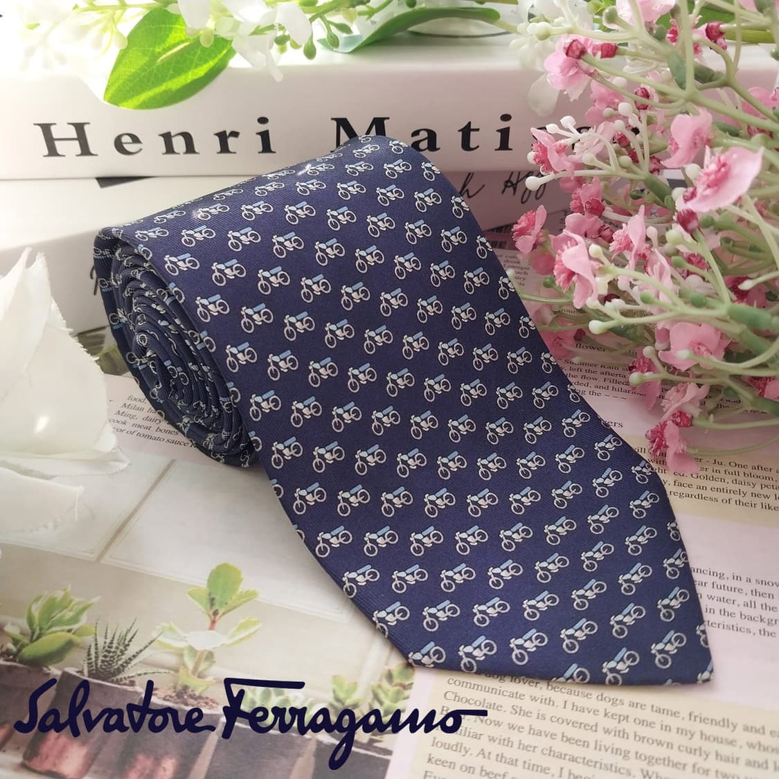 페라가모 실크 네이비 바이크 패턴 넥타이 8cm B등급 k1666 상품이미지3