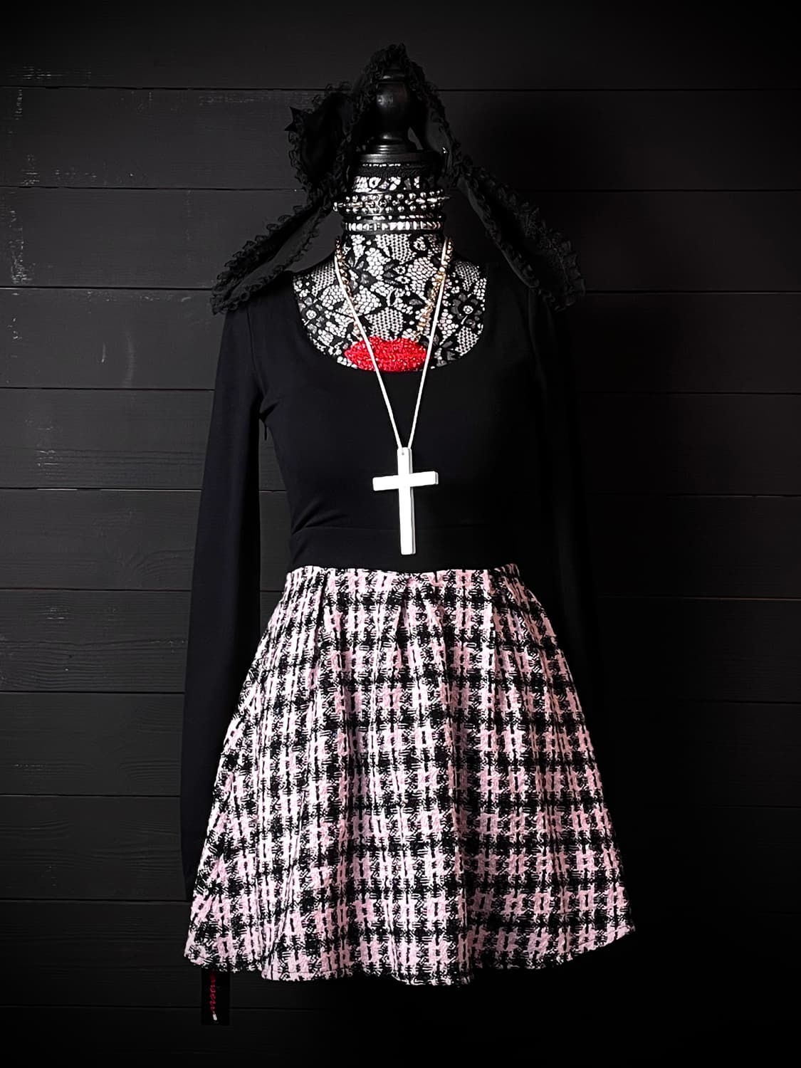 JPN 연핑크 히메갸루 트위드 블랙 리본 원피스 상품이미지2