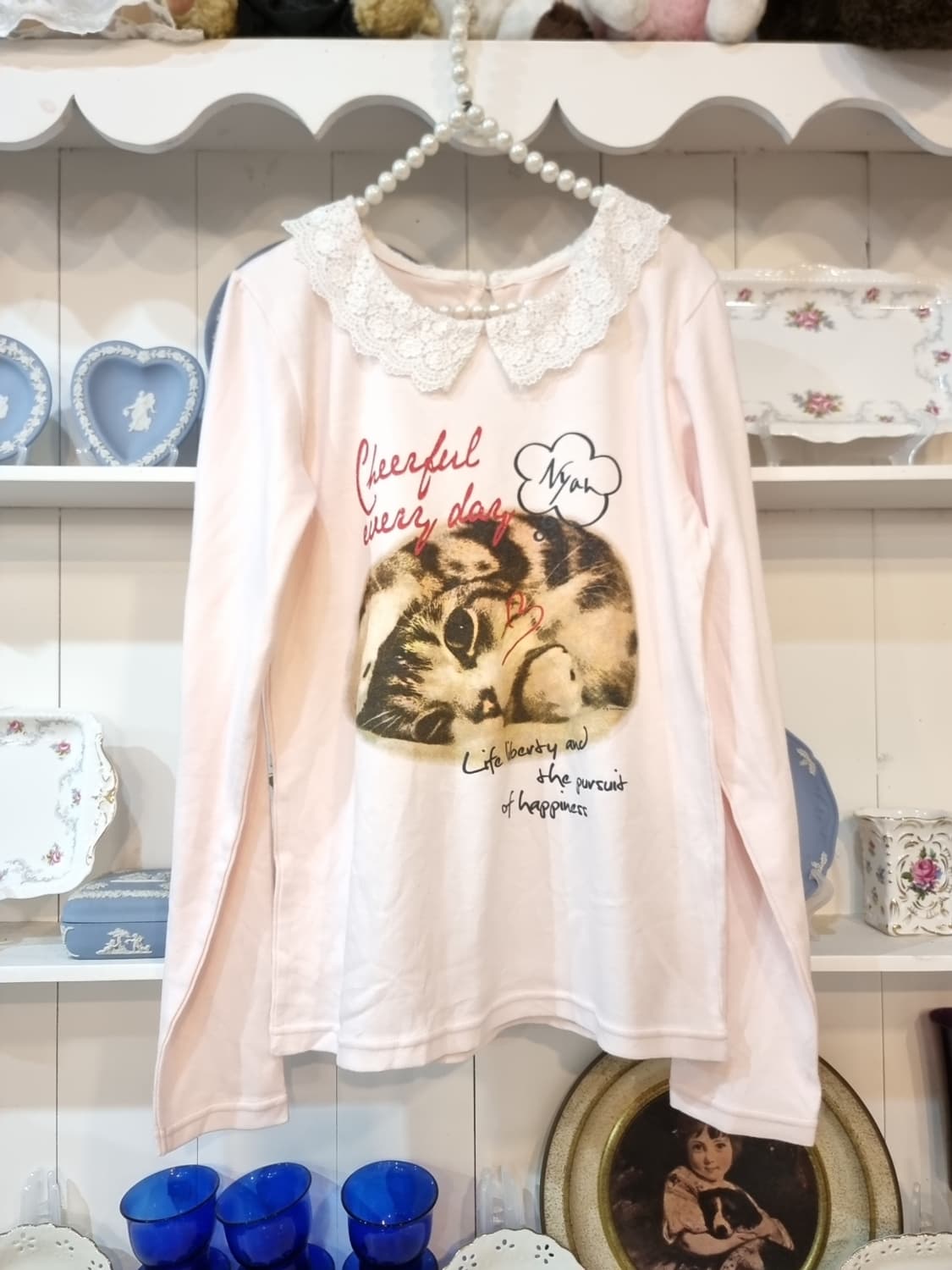 핑크 고양이 레이스 카라 일본롱슬리브 티셔츠 상품이미지1