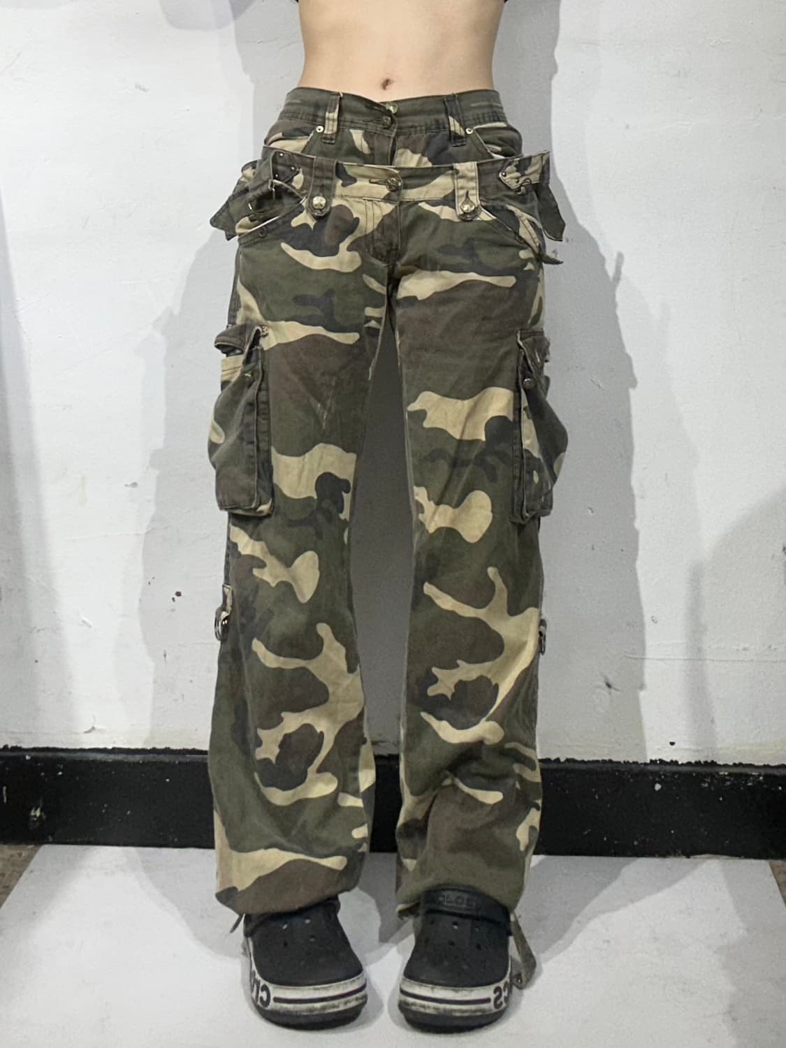 일본 빈티지 카키 카모 부츠컷 와이드 카고 팬츠  상품이미지2