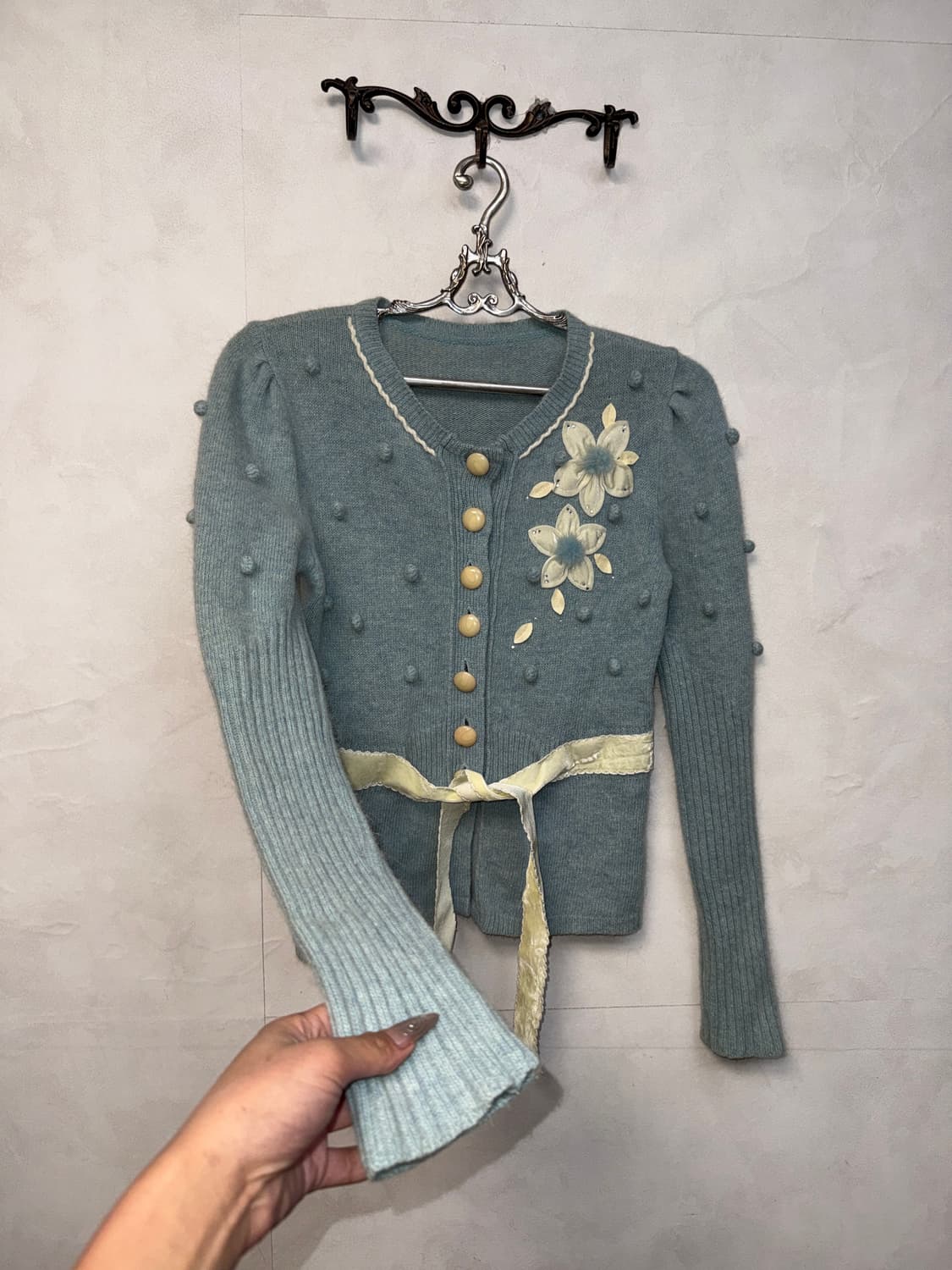 Sky blue bohemian flower knit ball 가디건 상품이미지4