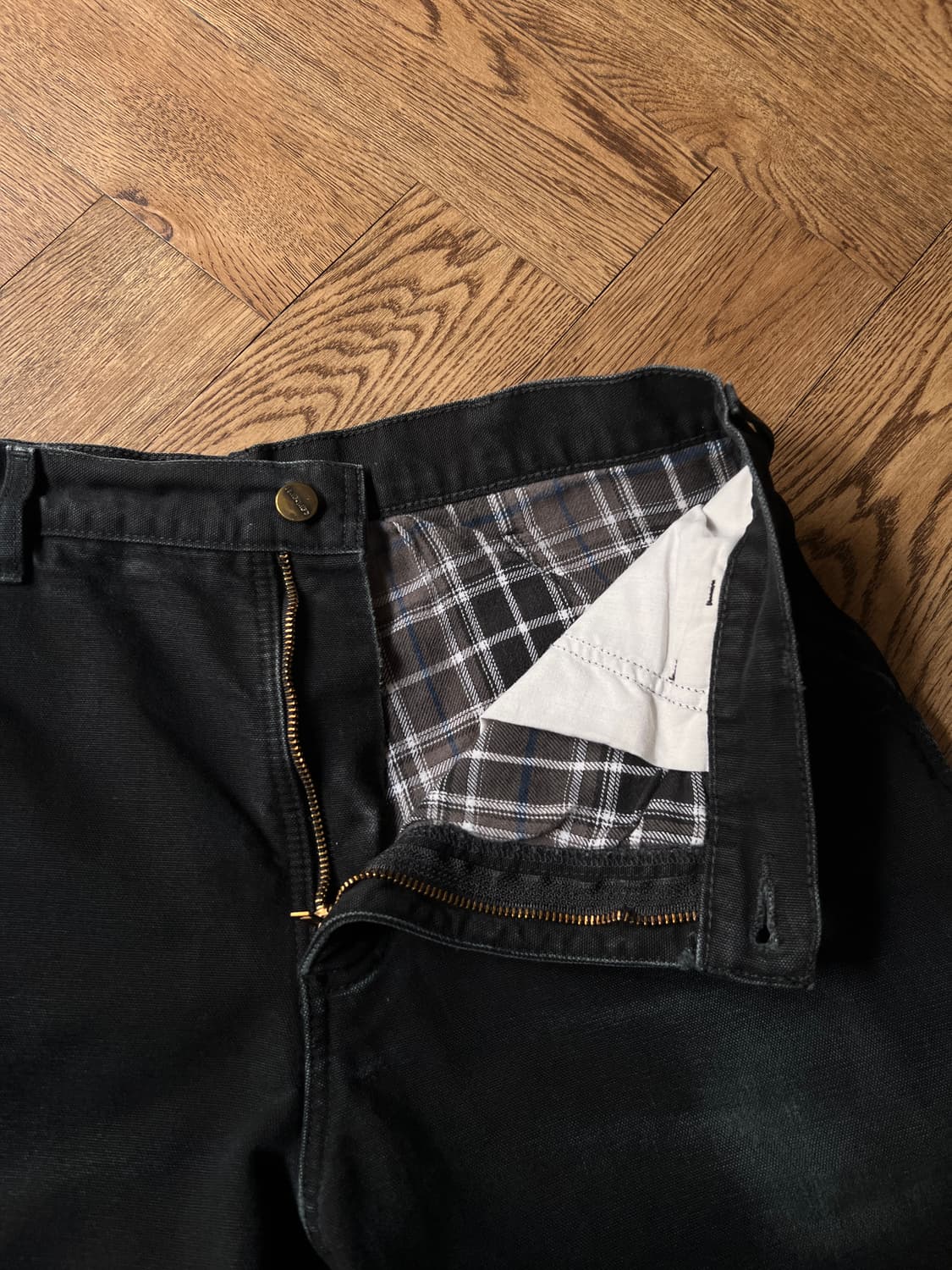 [34]칼하트 USA 체크 라이닝 데미지드 블랙 싱글니 워크 팬츠 상품이미지6