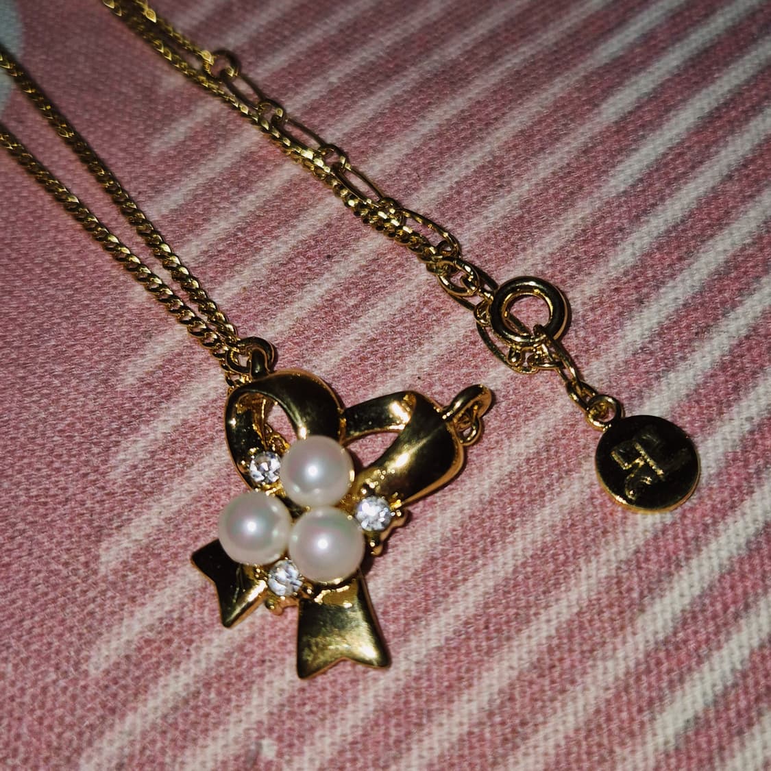 90s 꾸레쥬 사이드 리본 진주 큐빅 목걸이 상품이미지8