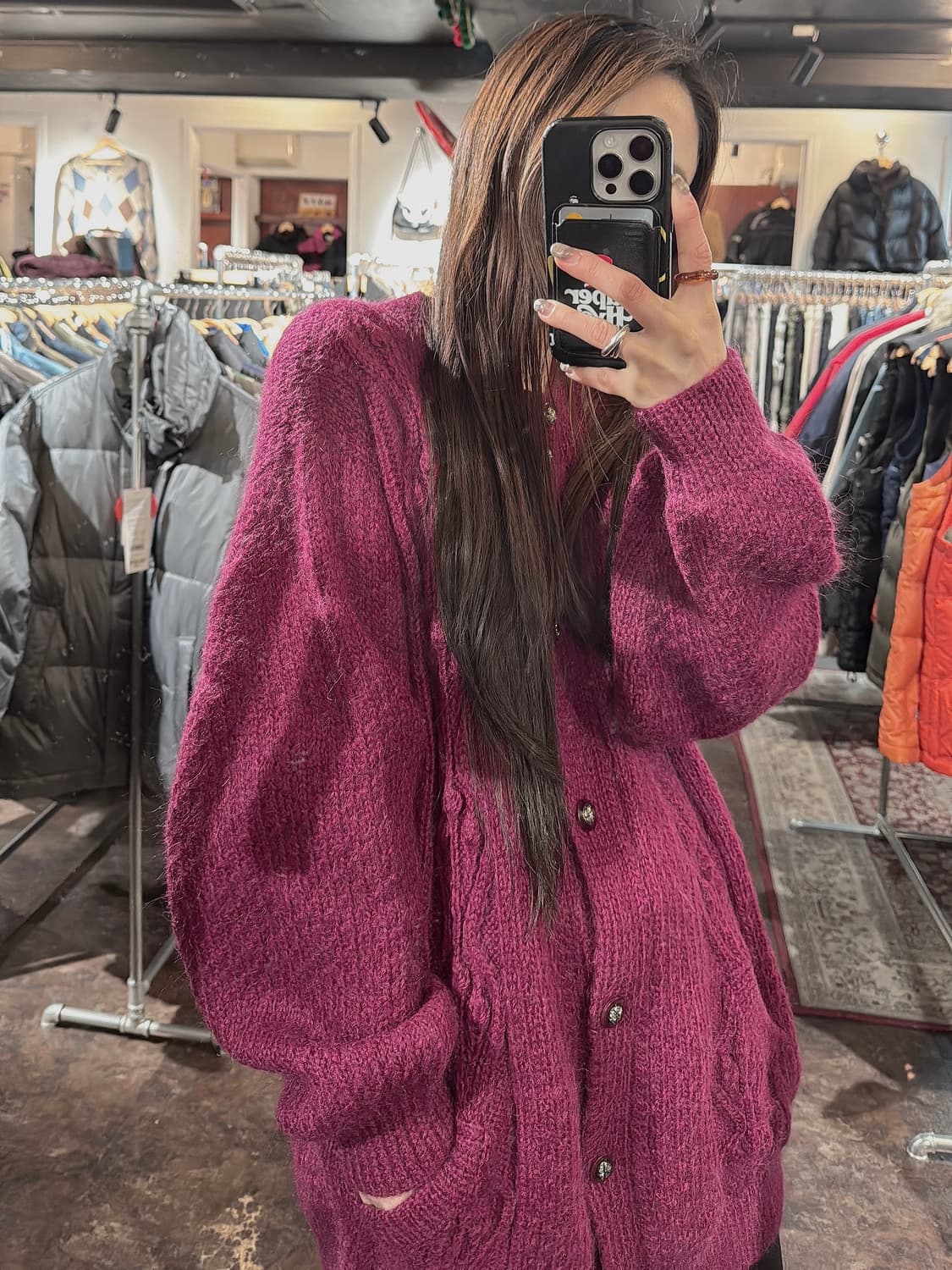 빈티지 버건디 케이블 꽈배기 울 니트 롱 가디건 상품이미지5