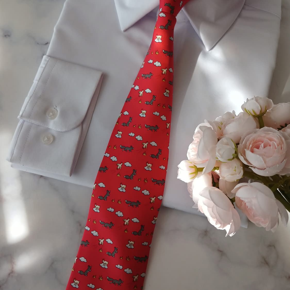 에르메스 실크 레드 닭&여우 패턴 넥타이 9.2cm A+등급 A19027 상품이미지6