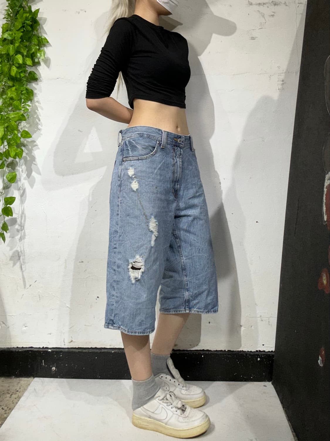 일본 빈티지 연청 데님 반바지 데미지 버뮤다 팬츠 상품이미지1