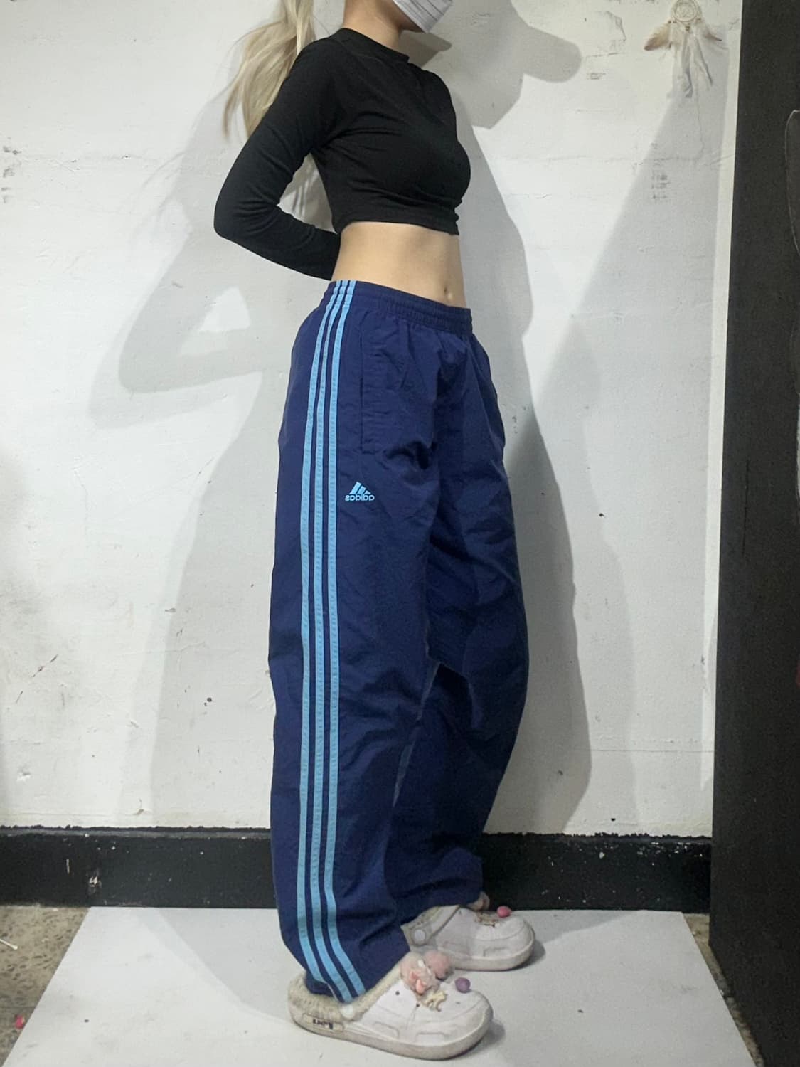 90s 아디다스 네이비 스카이 블루 삼선 와이드 트랙 팬츠  상품이미지1